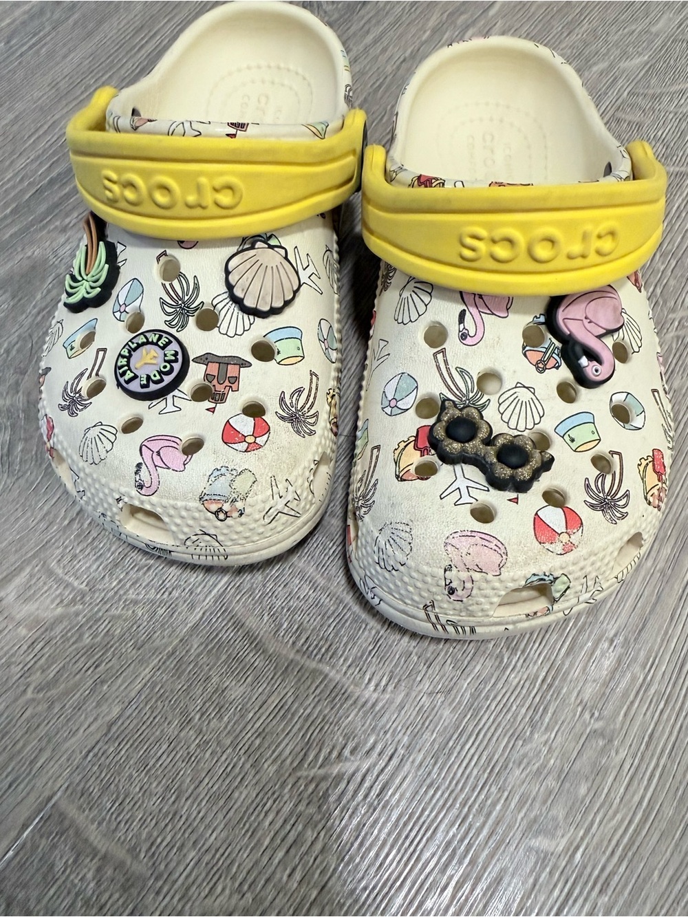 CROCS Kids Beach Print Clogs with Yellow Straps